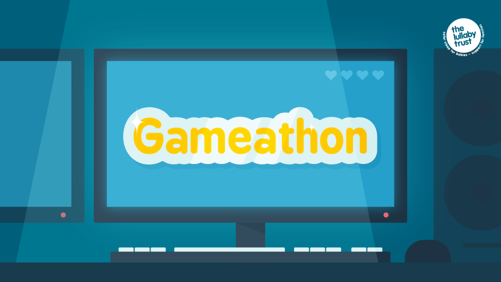 A blue computer screen. The text reads: 'Gameathon'