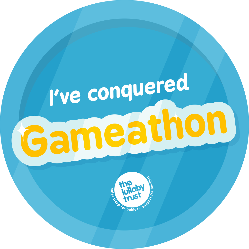 Blue circular logo. The text reads: 'I've conquered Gameathon'