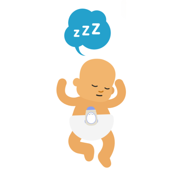 baby with a monitor attached to their nappy. 'zzz' in speech bubble denotes sleep